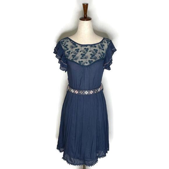 Moon Collection Dresses & Skirts - Moon Collection Blue Lace Ruffle Sleeve Embroidered Belted Pom Pom Lined Dress S